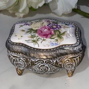 Floral Porcelain and Metal jewelry Trinket Box